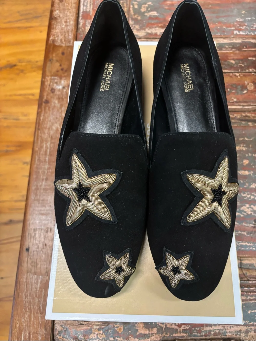 MICHAEL Michael Kors Black Suede Loafers with Gold Star Appliqués